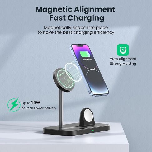 3 in 1 Wireless Charging Station for Apple Devices, MagSafe Charger Stand with 30W Adapter, Wireless Charger for iPhone 15/14/13/12 Series, Apple Watch Series 1-9 and AirPods (Black) in Saudi Arabia