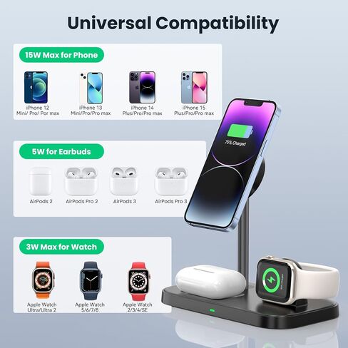 3 in 1 Wireless Charging Station for Apple Devices, MagSafe Charger Stand with 30W Adapter, Wireless Charger for iPhone 15/14/13/12 Series, Apple Watch Series 1-9 and AirPods (Black) in Saudi Arabia
