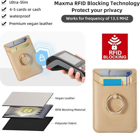 حامل بطاقة ائتمان Crymow لحافظة الهاتف، حافظة هاتف بمحفظة RFID لاصقة على معظم الهواتف الذكية، مرفق محفظة لاصقة لحافظة الهاتف مع حامل حلقة الإصبع لهاتف iPhone&Galaxy، جلد نباتي وردي in Kuwait