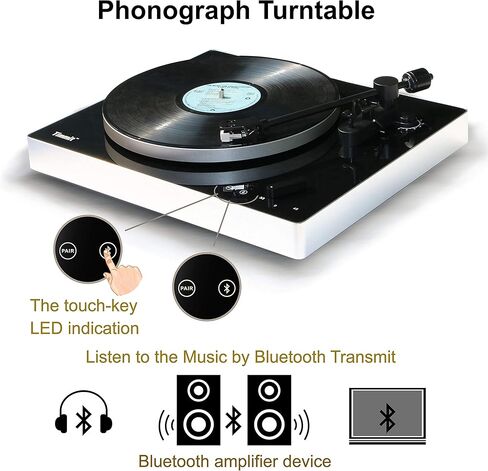 مشغل تسجيل فينيل قابل للدوران من Timmit مع جهاز إرسال بلوتوث وتسجيل USB إلى الكمبيوتر الشخصي، مضاد للتزلج، ناقل حركة الحزام، سرعتان، غطاء غبار من القماش، طبق من سبائك الألومنيوم - AT3600L (أسود) in Kuwait