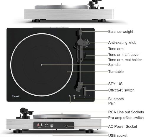 مشغل تسجيل فينيل قابل للدوران من Timmit مع جهاز إرسال بلوتوث وتسجيل USB إلى الكمبيوتر الشخصي، مضاد للتزلج، ناقل حركة الحزام، سرعتان، غطاء غبار من القماش، طبق من سبائك الألومنيوم - AT3600L (أسود) in Kuwait