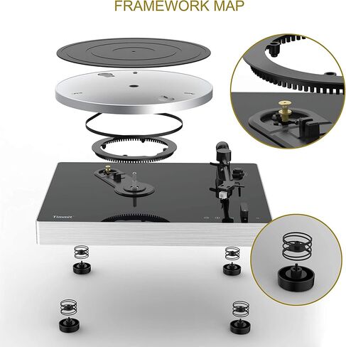 مشغل تسجيل فينيل قابل للدوران من Timmit مع جهاز إرسال بلوتوث وتسجيل USB إلى الكمبيوتر الشخصي، مضاد للتزلج، ناقل حركة الحزام، سرعتان، غطاء غبار من القماش، طبق من سبائك الألومنيوم - AT3600L (أسود) in Kuwait