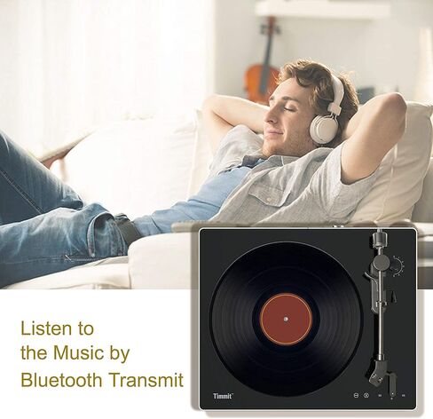 مشغل تسجيل فينيل قابل للدوران من Timmit مع جهاز إرسال بلوتوث وتسجيل USB إلى الكمبيوتر الشخصي، مضاد للتزلج، ناقل حركة الحزام، سرعتان، غطاء غبار من القماش، طبق من سبائك الألومنيوم - AT3600L (أسود) in Kuwait
