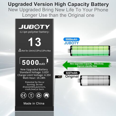 بطارية JUBOTY 5000 مللي أمبير في الساعة لهاتف iPhone 13، Li-ion 2023، بطارية بديلة مطورة جديدة ذات سعة عالية 0 دورة لهاتف iPhone 13 موديلات A2635 A2634 A2633 A2631 A2482 مع مجموعة أدوات إصلاح احترافية in Kuwait