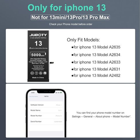 بطارية JUBOTY 5000 مللي أمبير في الساعة لهاتف iPhone 13، Li-ion 2023، بطارية بديلة مطورة جديدة ذات سعة عالية 0 دورة لهاتف iPhone 13 موديلات A2635 A2634 A2633 A2631 A2482 مع مجموعة أدوات إصلاح احترافية in Kuwait