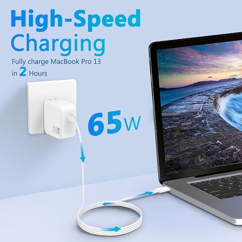 شاحن USB C بقدرة 65 وات، شاحن سفر سريع GaN مدمج وقابل للطي لأجهزة MacBook Pro وMacBook Air وSamsung Galaxy وi Pad Pro وجميع أجهزة USB C، يتضمن كابل USB C إلى C بطول 5.9 قدم in Kuwait