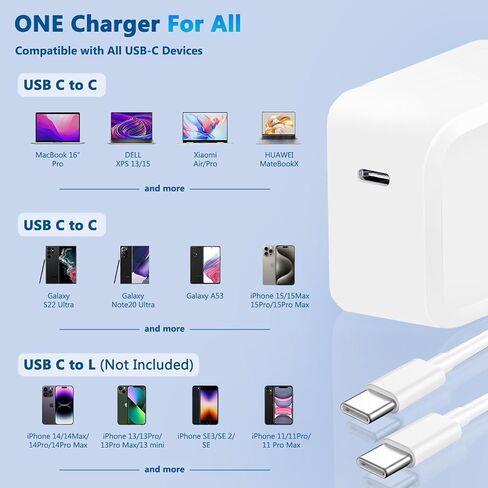 شاحن USB C بقدرة 65 وات، شاحن سفر سريع GaN مدمج وقابل للطي لأجهزة MacBook Pro وMacBook Air وSamsung Galaxy وi Pad Pro وجميع أجهزة USB C، يتضمن كابل USB C إلى C بطول 5.9 قدم in Kuwait