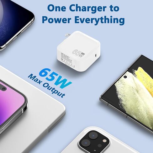 شاحن USB C بقدرة 65 وات، شاحن سفر سريع GaN مدمج وقابل للطي لأجهزة MacBook Pro وMacBook Air وSamsung Galaxy وi Pad Pro وجميع أجهزة USB C، يتضمن كابل USB C إلى C بطول 5.9 قدم in Kuwait