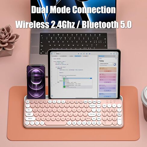 لوحة مفاتيح آلة كاتبة TISHLED لاسلكية 2.4 جيجا/بلوتوث 5.0 مع حامل هاتف لوحي وأغطية مفاتيح مستديرة جمالية صامتة مدمجة 105 مفتاح مع لوحة أرقام للأجهزة المتعددة، بطاريتان AAA، أبيض رمادي in Kuwait