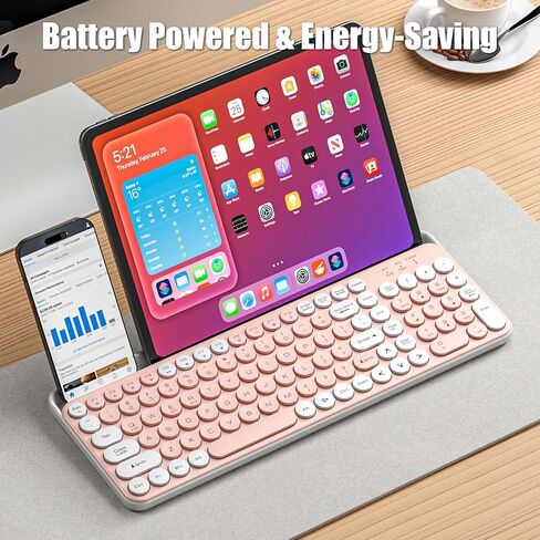 لوحة مفاتيح آلة كاتبة TISHLED لاسلكية 2.4 جيجا/بلوتوث 5.0 مع حامل هاتف لوحي وأغطية مفاتيح مستديرة جمالية صامتة مدمجة 105 مفتاح مع لوحة أرقام للأجهزة المتعددة، بطاريتان AAA، أبيض رمادي in Kuwait