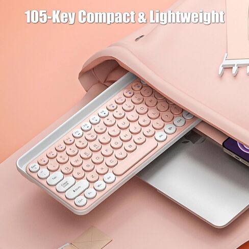 لوحة مفاتيح آلة كاتبة TISHLED لاسلكية 2.4 جيجا/بلوتوث 5.0 مع حامل هاتف لوحي وأغطية مفاتيح مستديرة جمالية صامتة مدمجة 105 مفتاح مع لوحة أرقام للأجهزة المتعددة، بطاريتان AAA، أبيض رمادي in Kuwait