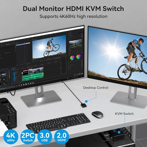 HDMI KVM Switch Dual Monitor 2 Port 4K@60Hz 2 Monitors 2 Computers USB 3.0 KVM Switcher PC Extended Display for 4 USB Devices Like Mouse Keyboard Printer Gamepad Desktop Controller and 2 USB Cables in Kuwait
