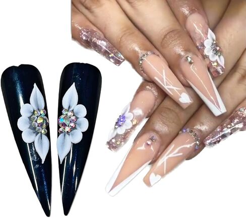 Set 8Pcs 3D Flowers Nails Charms With Rhinestone Gems Handmade by Acrylic Powder Design For Long Nail L,XL,XXL Flower Nail Art Floral Salon Decor Women Girls (White 7 Rhinestones-8PCs) in Saudi Arabia