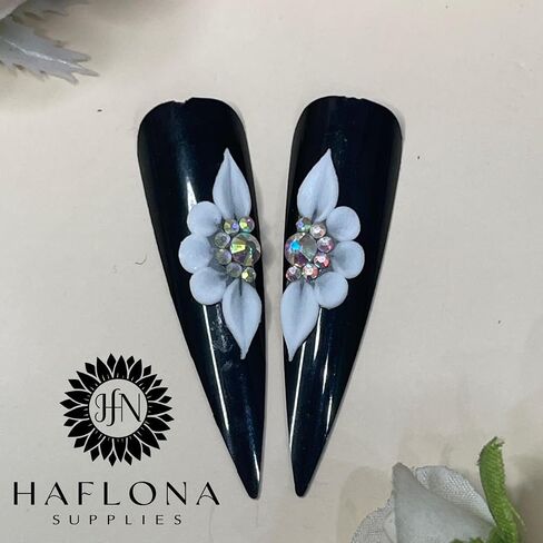 Set 8Pcs 3D Flowers Nails Charms With Rhinestone Gems Handmade by Acrylic Powder Design For Long Nail L,XL,XXL Flower Nail Art Floral Salon Decor Women Girls (White 7 Rhinestones-8PCs) in Saudi Arabia