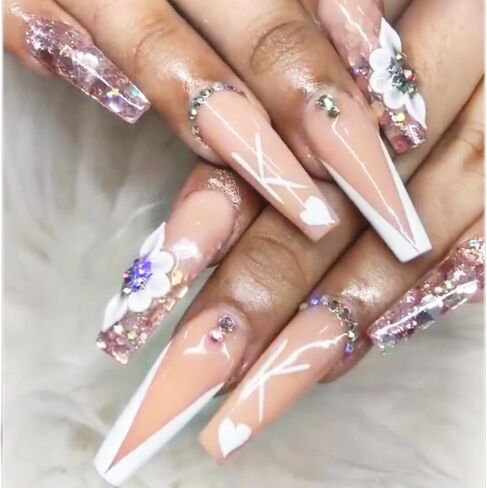 Set 8Pcs 3D Flowers Nails Charms With Rhinestone Gems Handmade by Acrylic Powder Design For Long Nail L,XL,XXL Flower Nail Art Floral Salon Decor Women Girls (White 7 Rhinestones-8PCs) in Saudi Arabia