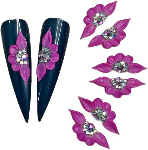 Set 8Pcs 3D Flowers Nails Charms With Rhinestone Gems Handmade by Acrylic Powder Design For Long Nail L,XL,XXL Flower Nail Art Floral Salon Decor Women Girls (White 7 Rhinestones-8PCs) in Saudi Arabia