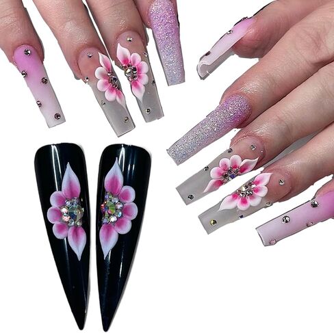 Set 8Pcs 3D Flowers Nails Charms With Rhinestone Gems Handmade by Acrylic Powder Design For Long Nail L,XL,XXL Flower Nail Art Floral Salon Decor Women Girls (White 7 Rhinestones-8PCs) in Saudi Arabia