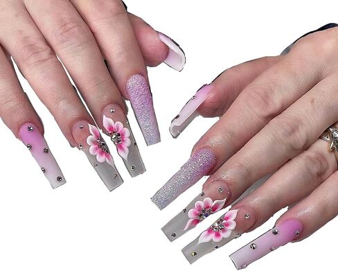 Set 8Pcs 3D Flowers Nails Charms With Rhinestone Gems Handmade by Acrylic Powder Design For Long Nail L,XL,XXL Flower Nail Art Floral Salon Decor Women Girls (White 7 Rhinestones-8PCs) in Saudi Arabia