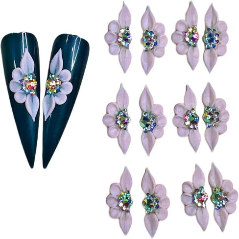 Set 8Pcs 3D Flowers Nails Charms With Rhinestone Gems Handmade by Acrylic Powder Design For Long Nail L,XL,XXL Flower Nail Art Floral Salon Decor Women Girls (White 7 Rhinestones-8PCs) in Saudi Arabia