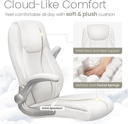 NEO CHAIR كرسي مكتب مريح من جلد البولي يوريثان، كرسي تنفيذي مبطن قابل للطي ومسند للذراعين، كرسي كمبيوتر قابل للتعديل ارتفاع عالي الظهر وعجلات دعم قطنية دوارة لكرسي مكتب الألعاب (أبيض) in Kuwait