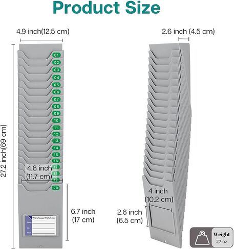Flexzion Time Card Holder Wall Mount Expandable Time Clock Rack Single Row 20 Slot Rack Card Holder for 7 x 4.6-Inch Timesheets for Attendance Payroll Employee Assignment in Out Timecard Rack, Gray in Saudi Arabia