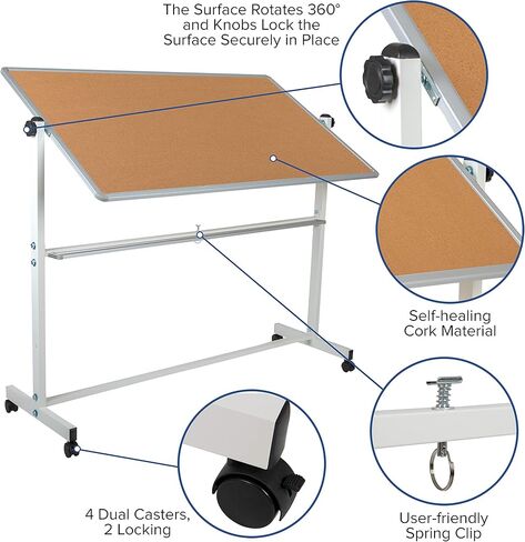 سلسلة Flash Furniture HERCULES مقاس 62.5 بوصة عرض × 62.25 بوصة ارتفاع لوحة إعلانات من الفلين المحمول قابلة للعكس ولوحة بيضاء مع صينية القلم in Saudi Arabia