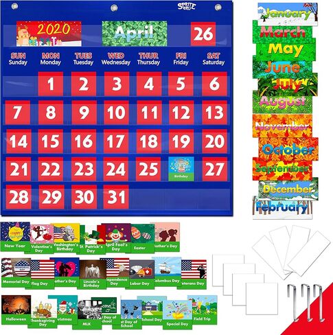 Calendar Pocket Chart, Classroom Monthly Pocket Chart with 76 Cards (68 Illustrated Activity Cards, 8 Dry Erase Blank Cards) plus 3 Over Door Metal Hangers for Classroom Home Preschool (20" x 19") in Kuwait