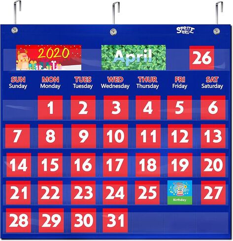 Calendar Pocket Chart, Classroom Monthly Pocket Chart with 76 Cards (68 Illustrated Activity Cards, 8 Dry Erase Blank Cards) plus 3 Over Door Metal Hangers for Classroom Home Preschool (20" x 19") in Kuwait