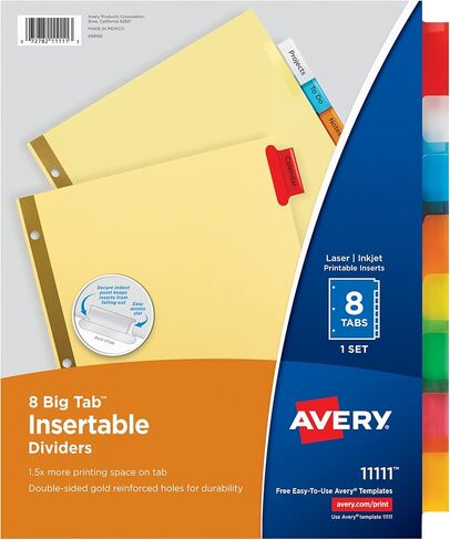 فواصل مجلد Avery مكونة من 8 علامات تبويب، علامات تبويب كبيرة متعددة الألوان قابلة للإدراج، مجموعة واحدة (11111) in Saudi Arabia