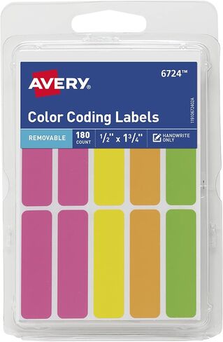 ملصقات قابلة للإزالة بترميز الألوان من Avery، ملصقات مستطيلة مقاس 1/2 بوصة × 1-3/4 بوصة، ألوان نيون متنوعة، غير قابلة للطباعة، إجمالي 180 (6724) in Kuwait