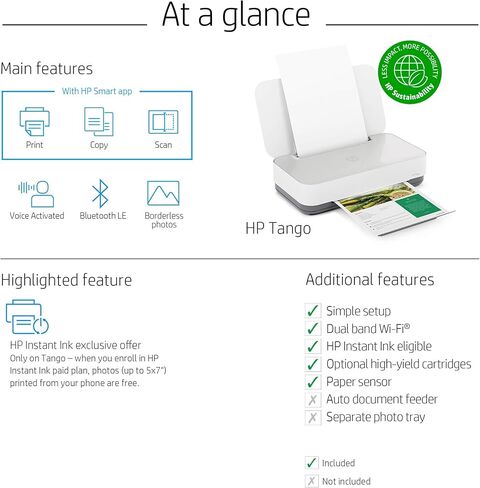 طابعة HP Tango الذكية اللاسلكية - الطباعة عن بعد عبر الهاتف المحمول، المسح الضوئي، النسخ، حبر HP الفوري، تعمل مع Alexa (2RY54A)، أبيض in Kuwait