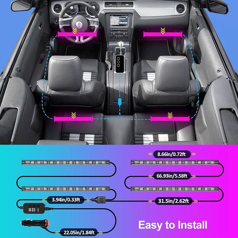 مصابيح LED للسيارة من orahon، تحكم ذكي في التطبيقات، مصابيح RGB داخل السيارة DIY وضع الموسيقى الديناميكي الملون 4 قطع أضواء شريطية للسيارات مع شاحن سيارة، تيار مستمر 12 فولت in Kuwait