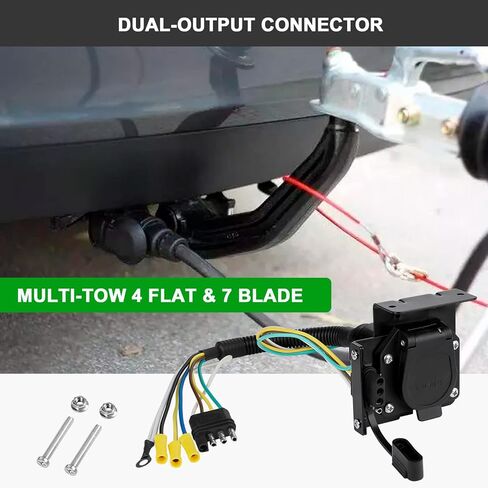 4 Pin to 7 Pin Trailer Adapter, Dual Output 4-Way Flat to 7-Way Round Blade Light Adapter, Utility Trailer Wiring Plug Connector Vehicle Tow Tools for RV Truck Trailer Towing Solutions in Kuwait