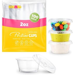 SOOMER Jello Shot Cups with Lids - [100 Sets - 2 oz] Small Plastic Condiment Containers with Lids - Ideal for Dipping Sauces, Picnics & Parties - Airtight, Stackable & BPA-Free in Saudi Arabia