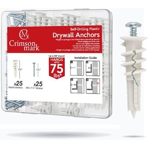 CrimsonMark 20Pcs Self Drilling Drywall Anchors and Screws kit #8 x 1-1/4"- Superb Wall Anchors for Drywall, Holds Upto 75lbs – No Drill Hole Required with These Dry Wall Screws and Anchors in Saudi Arabia