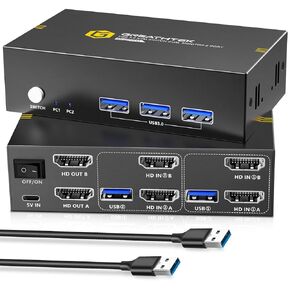 USB3.0 KVM Switch شاشة مزدوجة HDMI، 4K @ 60 هرتز KVM Switch 2 شاشات 2 جهاز كمبيوتر مع 3 منافذ USB3.0 لجهازي كمبيوتر مشاركة شاشتين وأجهزة USB، مفاتيح HDMI KVM 2 منفذ زر دعم التبديل، EDID