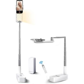 Selfie Stand with 360° Rotates Phone Holder, Foldable/Rechargeable/Wireless/Overhead Recording with 1000mah Battery for Live Stream/Make up/YouTube/Tiktok/Vlog, 7 Brightness LED Light(Pink)