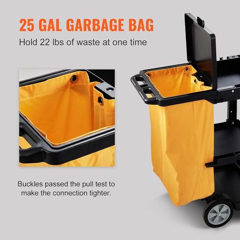 عربة تنظيف VEVOR، عربة تنظيف تجارية ذات 3 أرفف، عربة تنظيف منزلية بلاستيكية بسعة 200 رطل، مع حقيبة PVC سعة 25 جالون، 47 × 20 × 38.6 بوصة، أصفر وأسود in Kuwait