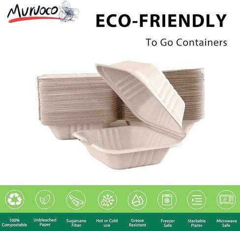 حاويات MURUOCO قابلة للتحلل بنسبة 100% مع غطاء مفصلي، 9 × 9 50 عبوة، يمكن التخلص منها في حاويات للذهاب إلى الصناديق، صديقة للبيئة، قابلة للتحلل البيولوجي، مصنوعة من قصب السكر (9 × 9 1 مقصورة) in Kuwait