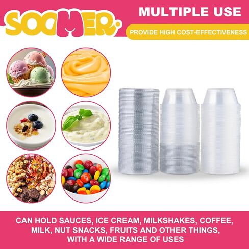 SOOMER [100 مجموعة - حاويات بلاستيكية صغيرة بأغطية سعة 118 مل - أكواب للصلصات ولقطات الجيلو والتوابل - حاويات طعام يمكن التخلص منها للغداء والحفلات والرحلات - محكمة الغلق وقابلة للتكديس in Saudi Arabia