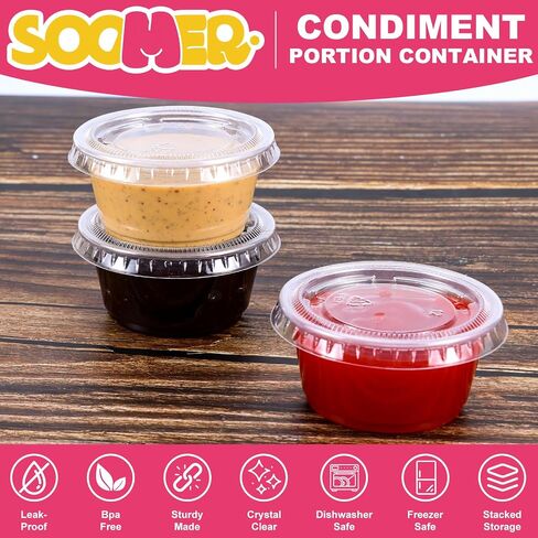 SOOMER [100 مجموعة - حاويات بلاستيكية صغيرة بأغطية سعة 118 مل - أكواب للصلصات ولقطات الجيلو والتوابل - حاويات طعام يمكن التخلص منها للغداء والحفلات والرحلات - محكمة الغلق وقابلة للتكديس in Saudi Arabia