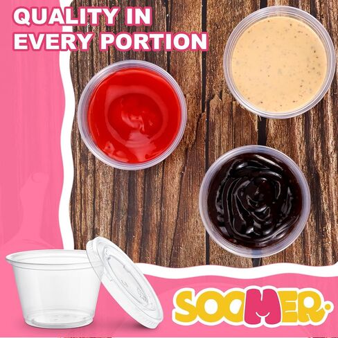 SOOMER [100 مجموعة - حاويات بلاستيكية صغيرة بأغطية سعة 118 مل - أكواب للصلصات ولقطات الجيلو والتوابل - حاويات طعام يمكن التخلص منها للغداء والحفلات والرحلات - محكمة الغلق وقابلة للتكديس in Saudi Arabia