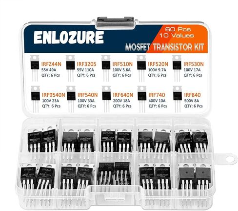 ENLOZURE 10 قيم 60 قطعة مجموعة تشكيلة ترانزستور MOSFET IRF Series N Channel P Channel TO-220 MOSFET Driver - IRFZ44N IRF3205 IRF510N IRF520N IRF530N IRF9540N IRF540N IRF640N IRF740 IRF840 in Kuwait