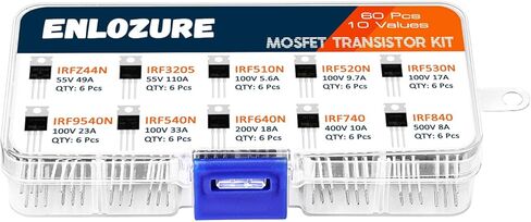 ENLOZURE 10 قيم 60 قطعة مجموعة تشكيلة ترانزستور MOSFET IRF Series N Channel P Channel TO-220 MOSFET Driver - IRFZ44N IRF3205 IRF510N IRF520N IRF530N IRF9540N IRF540N IRF640N IRF740 IRF840 in Kuwait