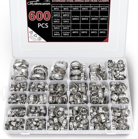 370PCS 15 Sizes Single Ear Hose Clamps, 5.3-33.1mm 304 Stainless Steel Crimp Hose Clamps, Stepless Adjustable Cinch Clamps for Automotive, Home Appliance Line, Plumbing and Industrial Use in Saudi Arabia