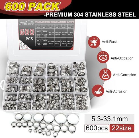370PCS 15 Sizes Single Ear Hose Clamps, 5.3-33.1mm 304 Stainless Steel Crimp Hose Clamps, Stepless Adjustable Cinch Clamps for Automotive, Home Appliance Line, Plumbing and Industrial Use in Saudi Arabia