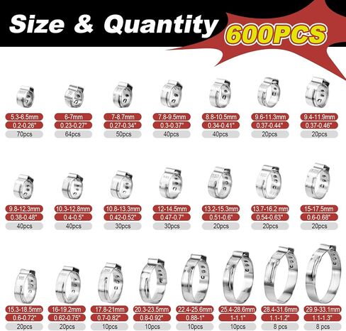 370PCS 15 Sizes Single Ear Hose Clamps, 5.3-33.1mm 304 Stainless Steel Crimp Hose Clamps, Stepless Adjustable Cinch Clamps for Automotive, Home Appliance Line, Plumbing and Industrial Use in Saudi Arabia