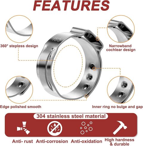 370PCS 15 Sizes Single Ear Hose Clamps, 5.3-33.1mm 304 Stainless Steel Crimp Hose Clamps, Stepless Adjustable Cinch Clamps for Automotive, Home Appliance Line, Plumbing and Industrial Use in Saudi Arabia