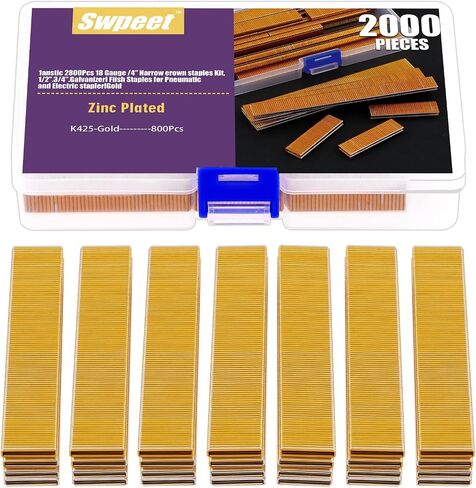Swpeet 2001 عدد K419 تقريبًا 1/4 بوصة × 3/4 بوصة 18 دبابيس تاج ضيقة ذهبية مقاس 18، دبابيس ذات لمسة نهائية مجلفنة للبنادق الأساسية ذات التاج الضيق الكهربائية أو الهوائية، مثالية لألواح السياج وإطارات الأريكة in Kuwait