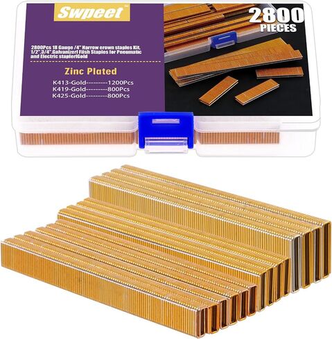 Swpeet 2001 عدد K419 تقريبًا 1/4 بوصة × 3/4 بوصة 18 دبابيس تاج ضيقة ذهبية مقاس 18، دبابيس ذات لمسة نهائية مجلفنة للبنادق الأساسية ذات التاج الضيق الكهربائية أو الهوائية، مثالية لألواح السياج وإطارات الأريكة in Kuwait
